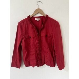 Coldwater Creek Jacket Womens PM Ruffled Red Textured Zip Front Cotton Blend